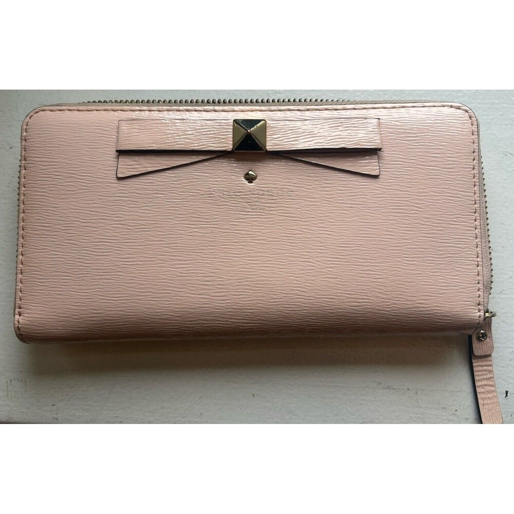 Kate Spade Bow Zip Around Wallet Blush Pink Hatched Leather Clutch Gold Tone